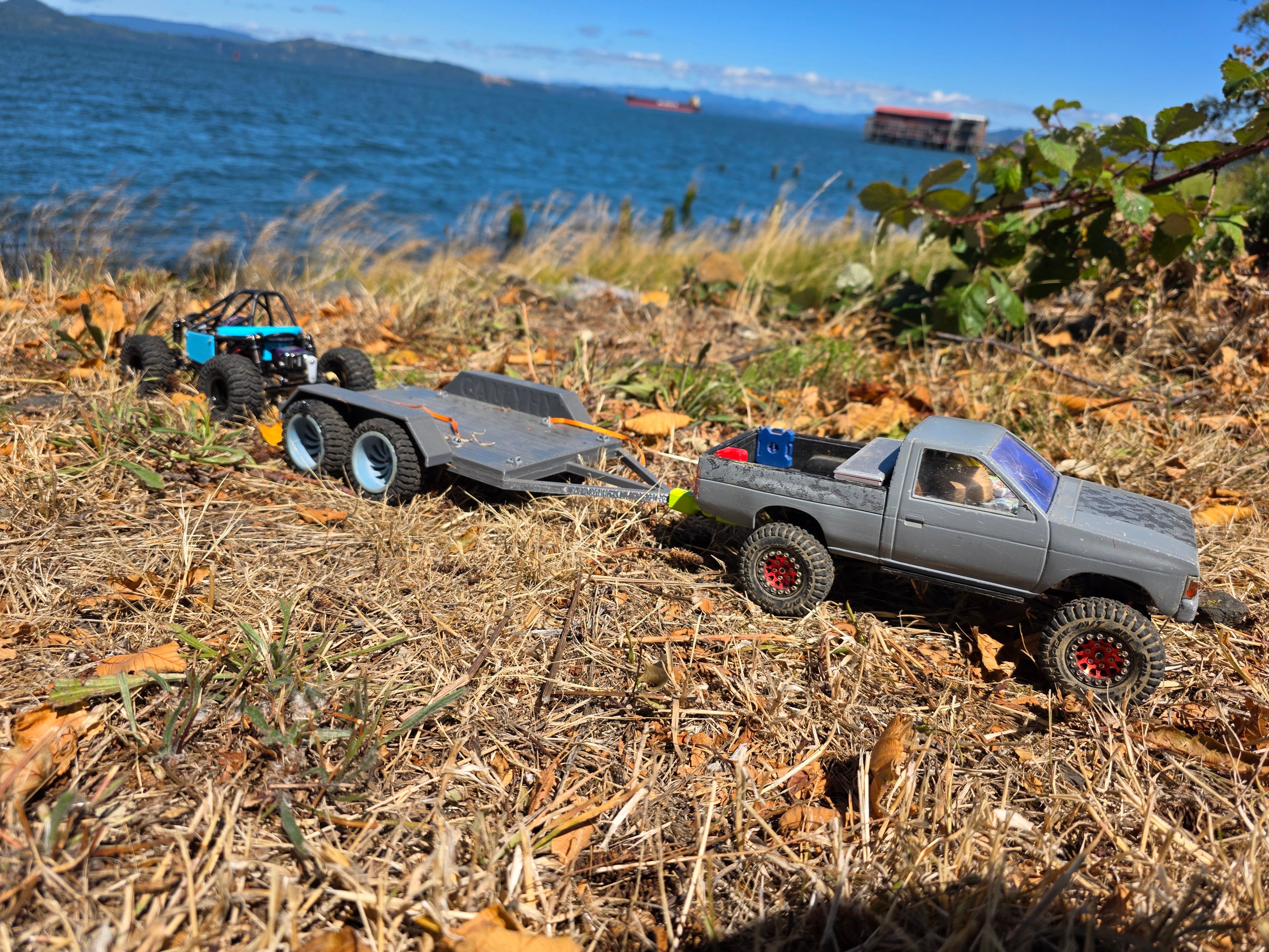 1/24 scale Nissan D21 RC truck and trailer with GRC Mallard buggy